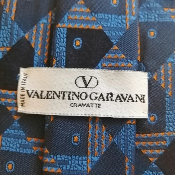 Valentino Garavani "V" Italian 100% Silk Tie with Blue and Orange Textured Print - Picture 10 of 14